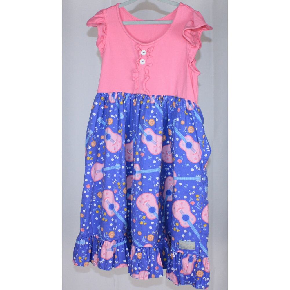 Eleanor Rose Guitar Print Dress Pink Blue Size 10/12 Boutique